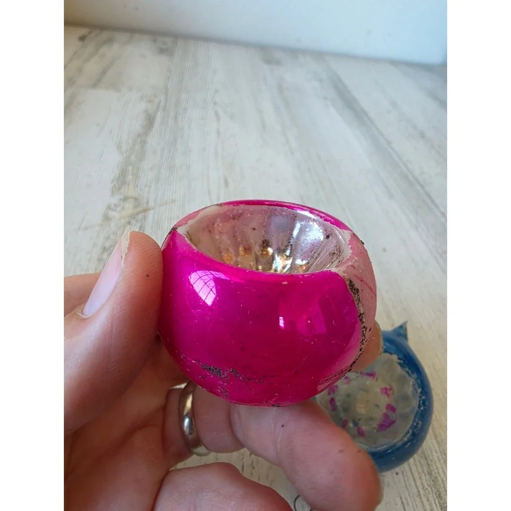 Vintage indent pink blue glass ornament teardrop ball Xmas tree